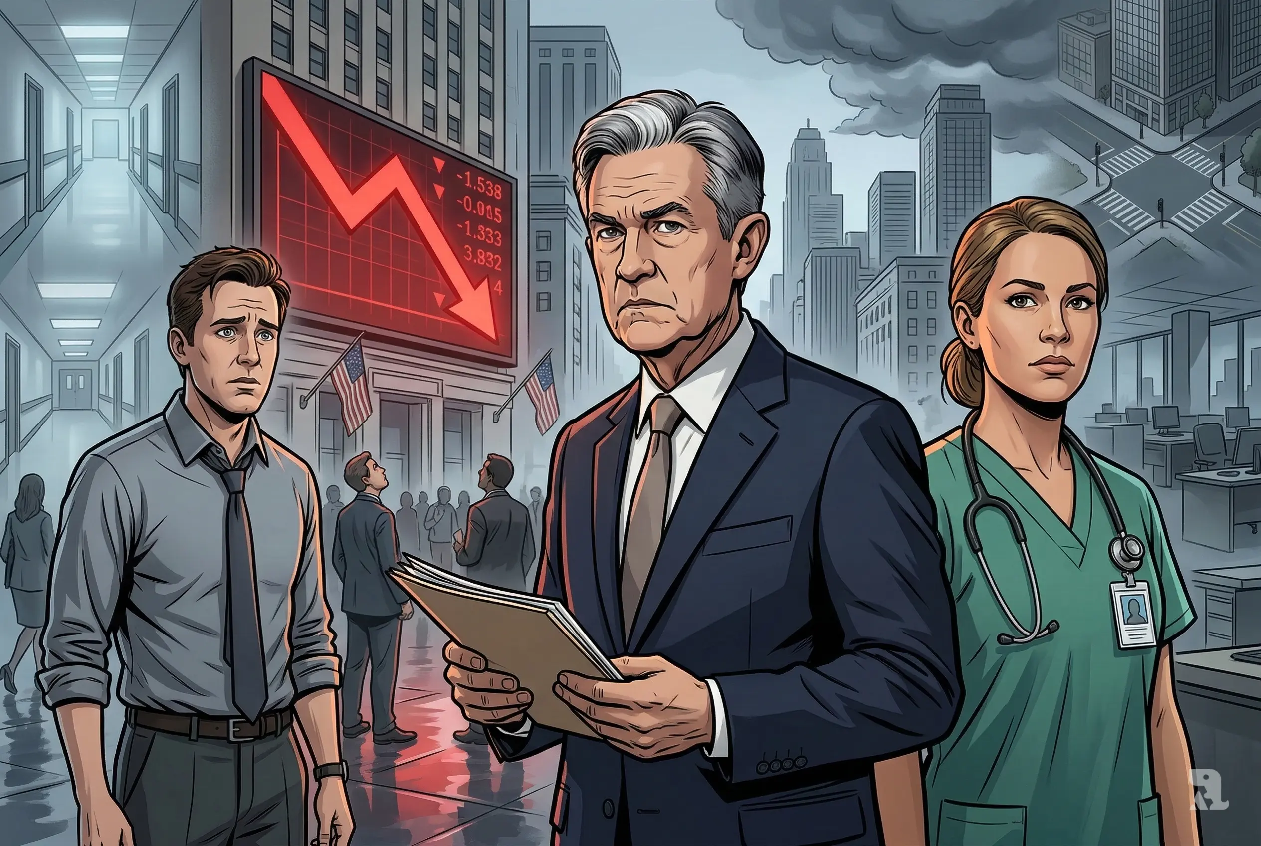 Worried officials and workers react as U.S. job losses surge, red economic signals glowing over Washington financial district under cold, stormy skies.
