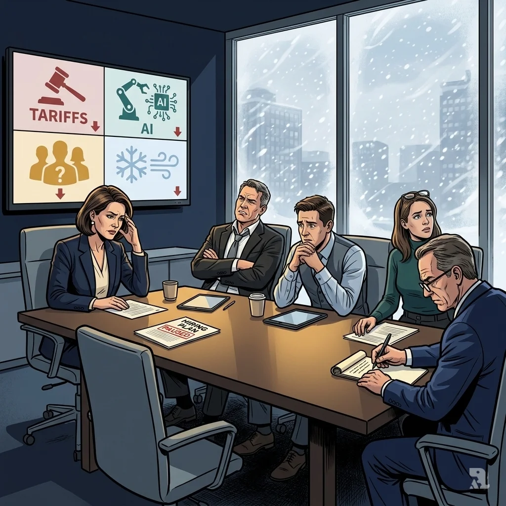Tense corporate executives in a boardroom gaze at a screen showing icons for tariffs, AI, and immigration. A fierce winter storm rages outside the window.