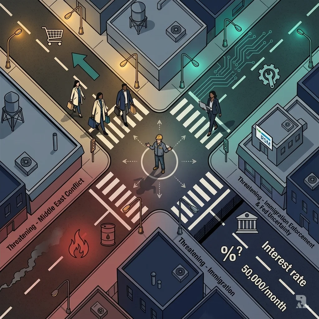 An aerial view of a city crossroads where four roads converge, each with symbolic icons representing positive economic forces and threatening forces, with a single worker standing uncertainly at the center.