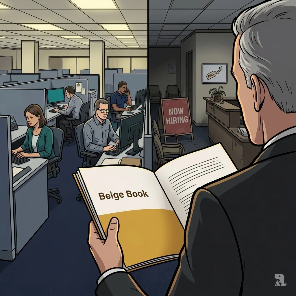 A Federal Reserve official holds the Beige Book report, showing a split scene: a quiet but staffed office floor on one side and an empty reception area with a dusty "Now Hiring" sign on the other.