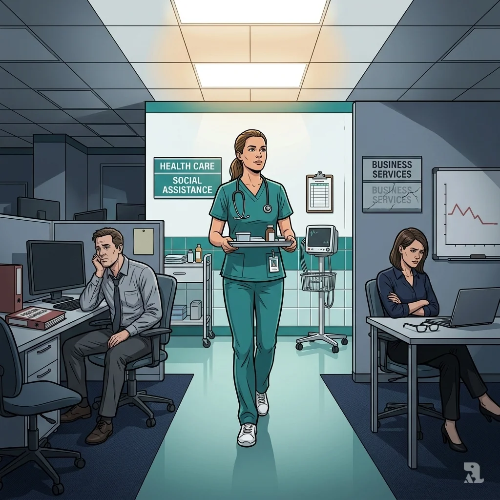 A determined healthcare worker in teal scrubs walks purposefully through a hospital corridor, flanked on both sides by slouched, idle office workers in dimly lit cubicles.