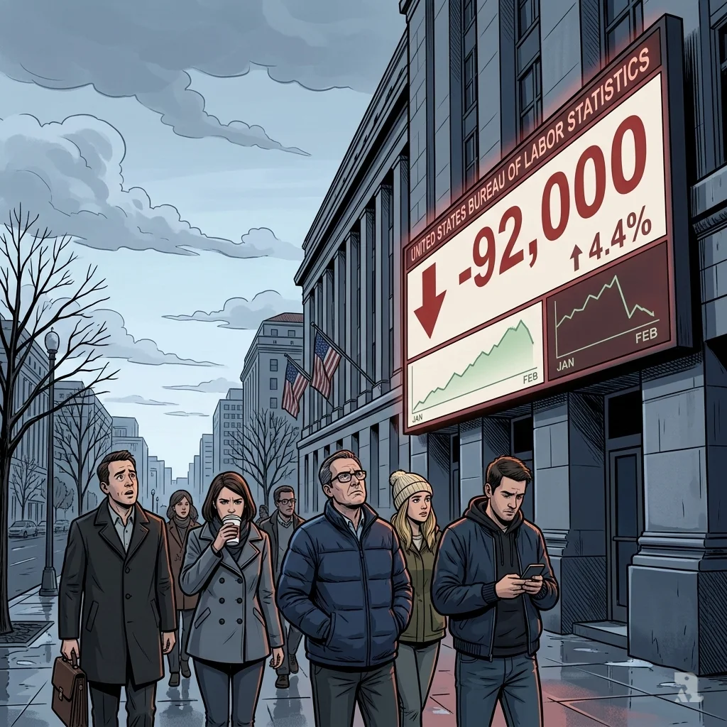Pedestrians gaze up at a large digital board on a Washington D.C. government building showing a bold red "-92,000" jobs lost and the unemployment rate ticking up to 4.4 percent.