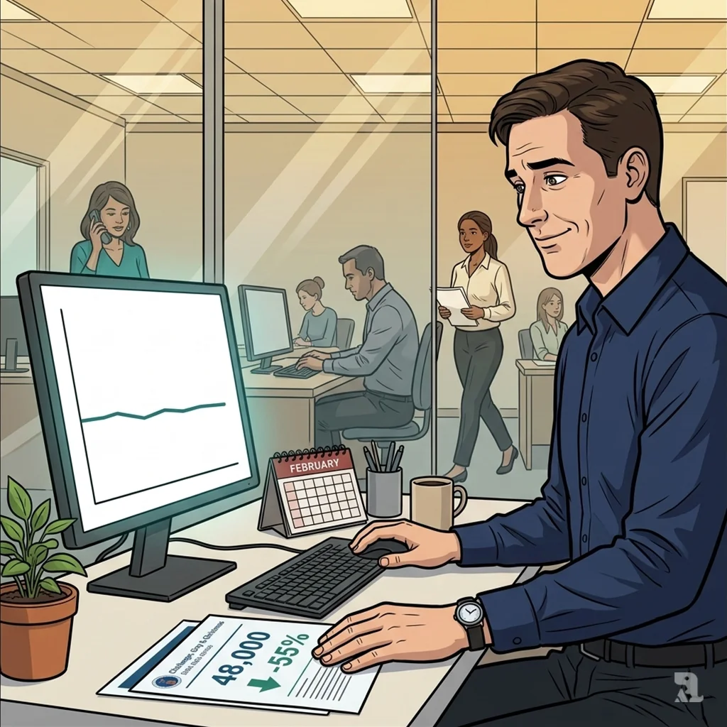 A man in a navy shirt sits at a desk, looking at a computer screen showing flat unemployment claims data, with a printed report showing a 55 percent decline in layoffs.