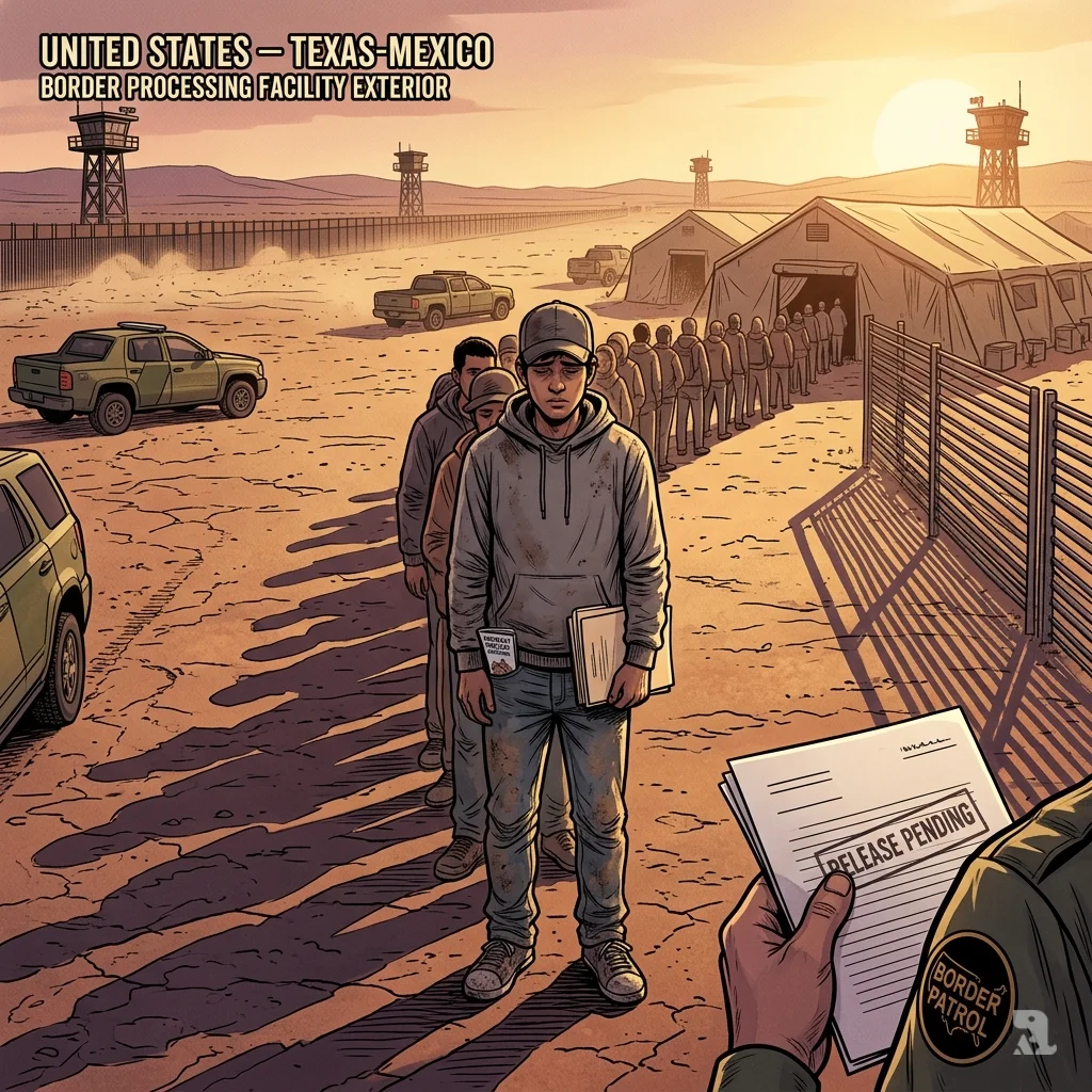 Migrants queue at the Texas-Mexico border as the sun sets behind surveillance towers and fencing.