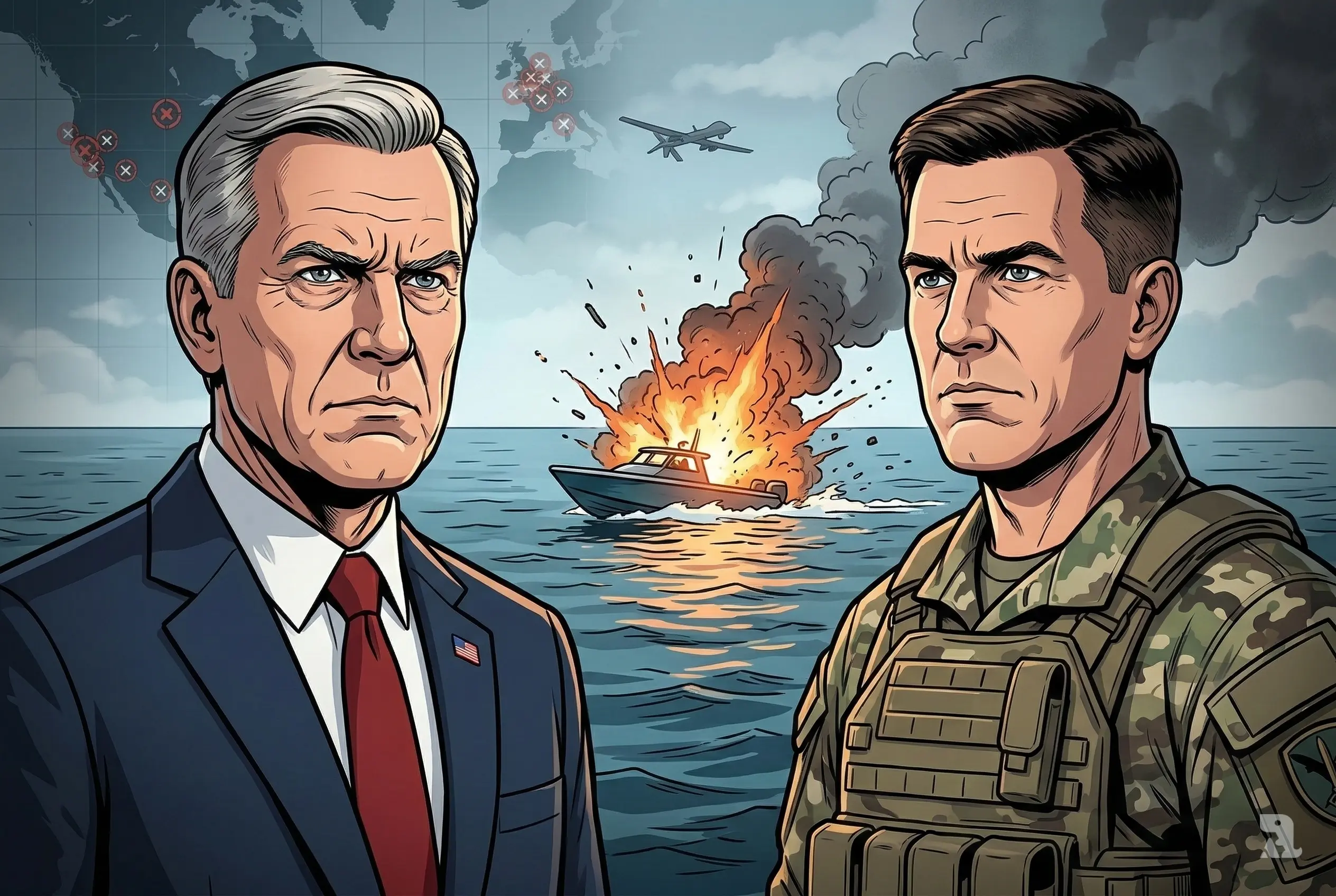 Two serious leaders in foreground with ocean boat explosion behind, drone overhead, and tactical strike map overlay showing tense military action atmosphere.