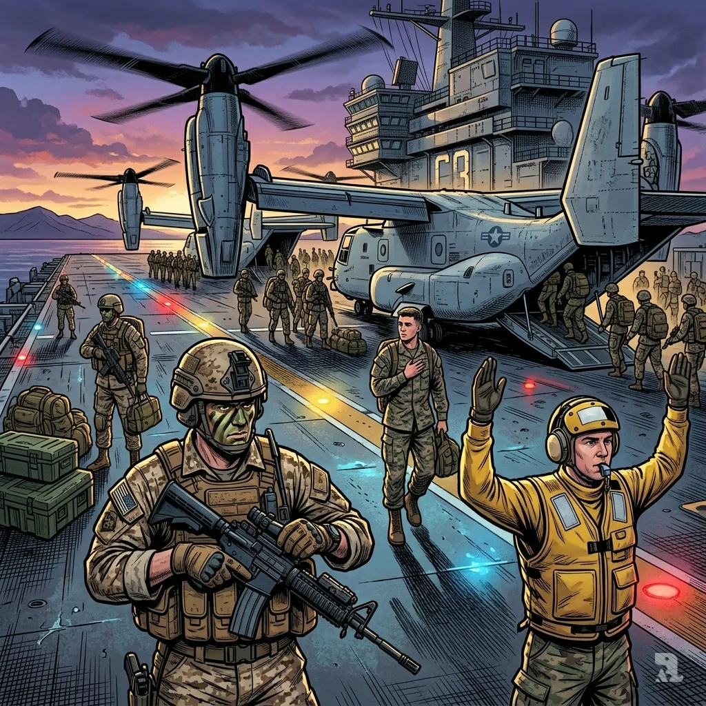 Soldiers load onto massive Osprey aircraft on a flight deck at dawn during a large-scale military deployment.