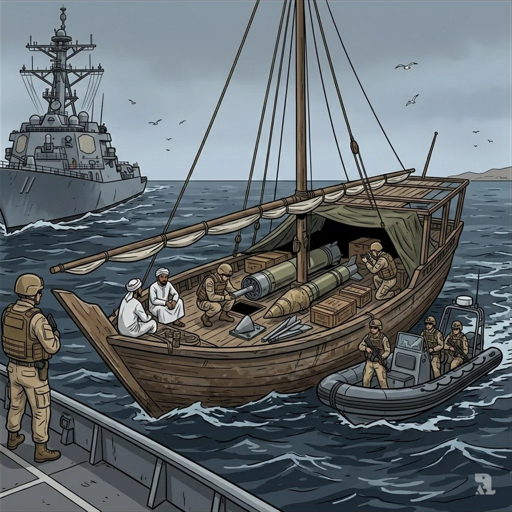 U.S. Navy personnel board a wooden dhow in the Arabian Sea, uncovering disassembled Iranian missile components and warheads hidden on deck.