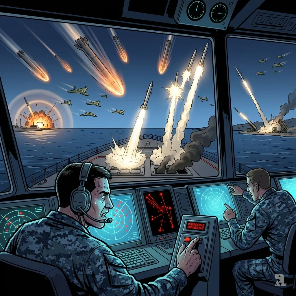 A U.S. Navy operator aboard a destroyer tracks incoming missiles on radar as interceptors launch, but empty launch cells reveal the strain of defending against swarms of drones and missiles.