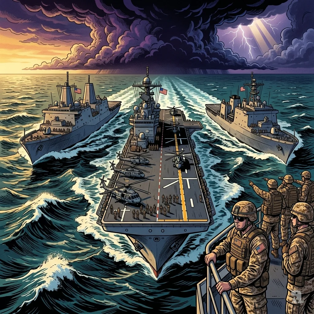 Three warships in formation cutting through heavy seas under storm clouds. Marines stand at the rail in full combat gear.