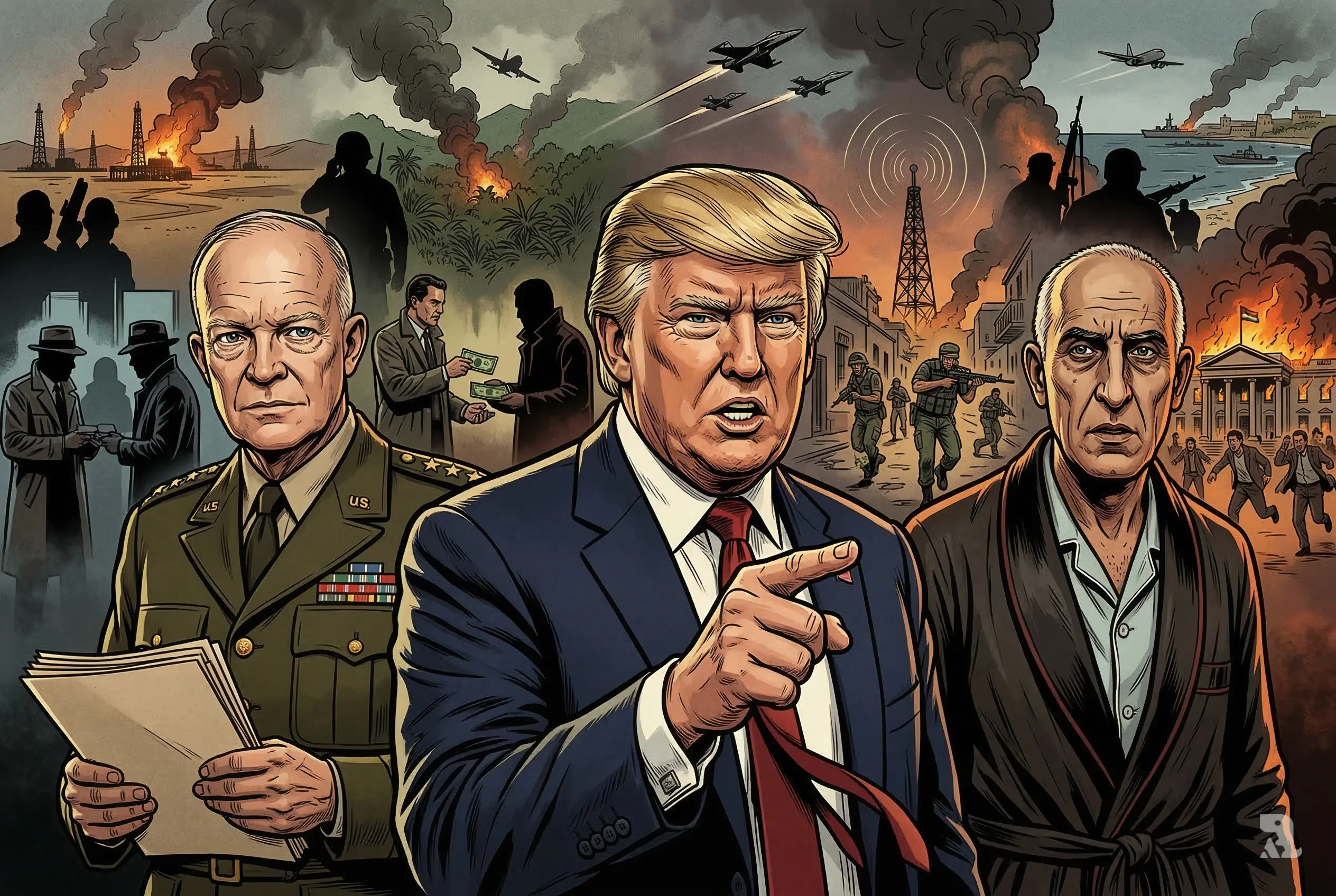 Trump and Eisenhower dominate foreground as Mossadegh appears distressed, with CIA operations, burning buildings, and global conflict scenes unfolding behind in a tense cinematic composition.
