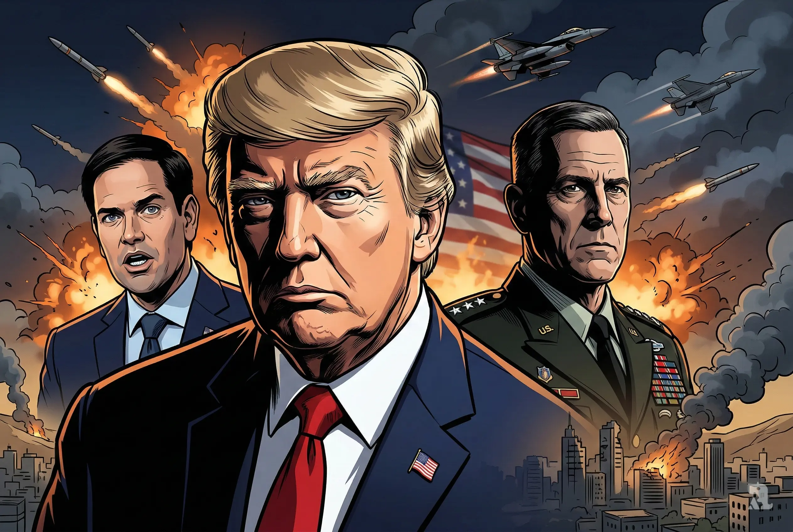 Close-up of President Trump with military leaders behind him as explosions and fighter jets light up Middle East night sky during escalating Iran war conflict.
