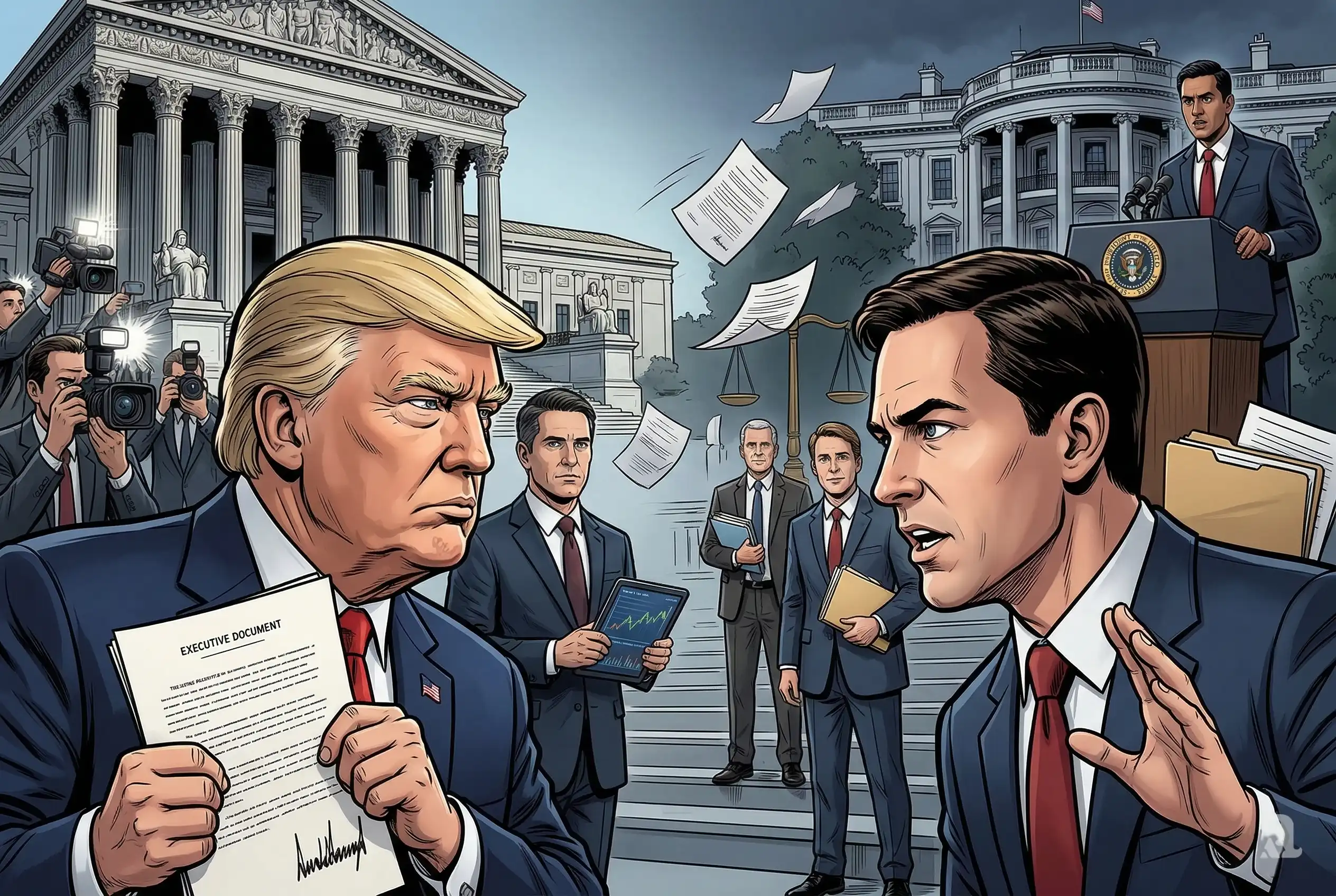 Trump and Rayfield face off intensely as officials, courthouse, White House, and reporters clash behind them during a dramatic national legal and tariff battle.