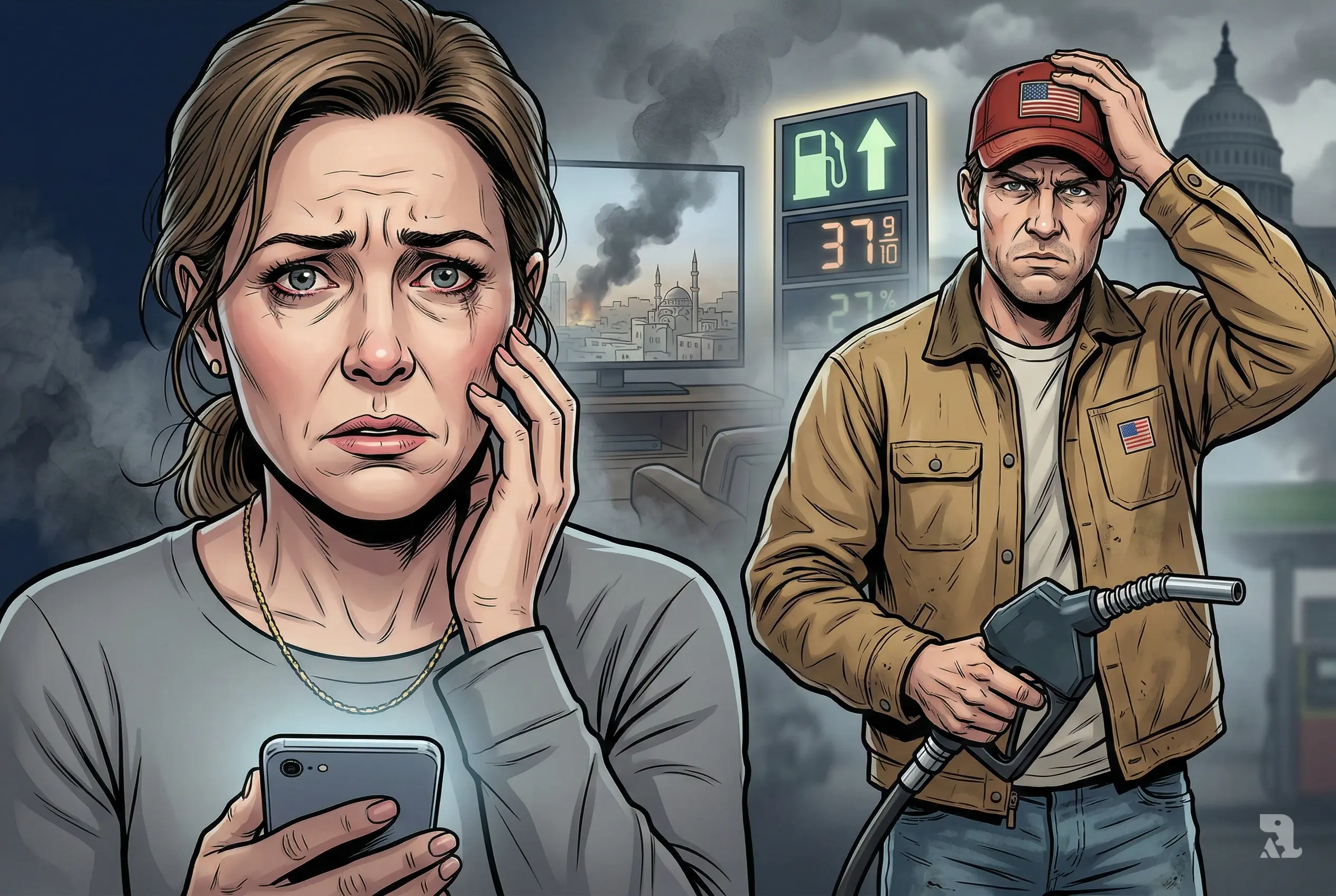 Close-up of worried American woman and frustrated man at gas station with rising fuel price sign and Capitol silhouette in background, symbolizing low public support for US strikes on Iran.