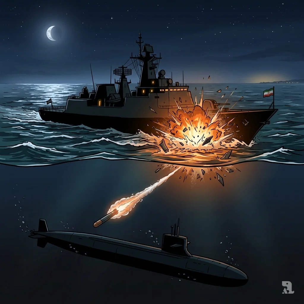 A US submarine launches a torpedo at the IRIS Dena in dark Indian Ocean waters, striking the Iranian ship and causing a massive explosion on its hull.