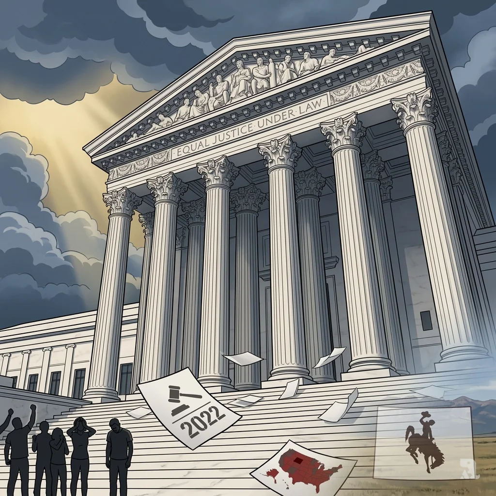US Supreme Court facade with columns, scattered documents, and Wyoming state outline symbolizing Roe v. Wade overturning and state-level impacts.