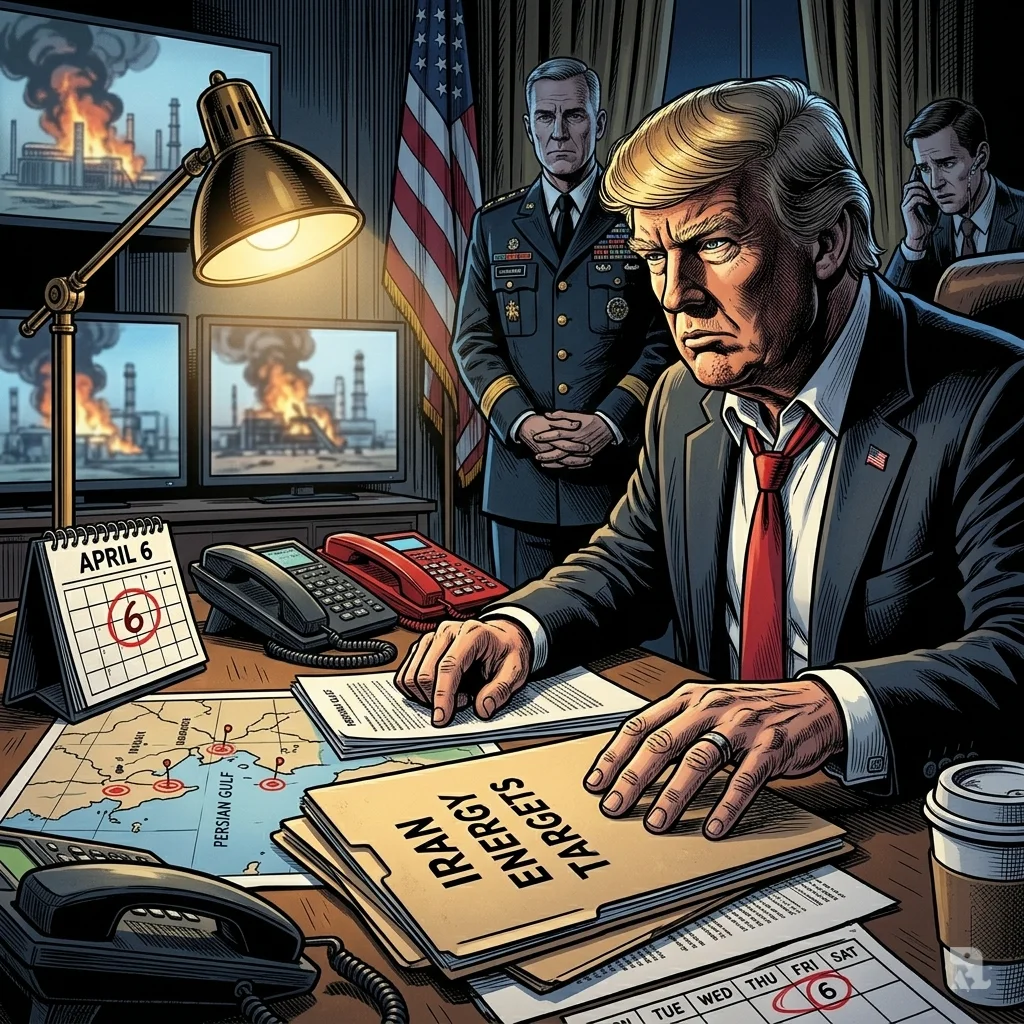 Close-up of President Trump in a darkened command center, hand hovering over documents as screens show burning Gulf installations.