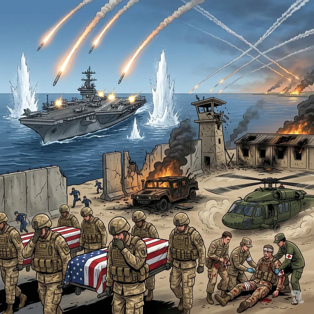 A US aircraft carrier fires defensive systems as missile splashes land nearby, while soldiers in Kuwait carry three flag-draped stretchers amid a damaged military base.