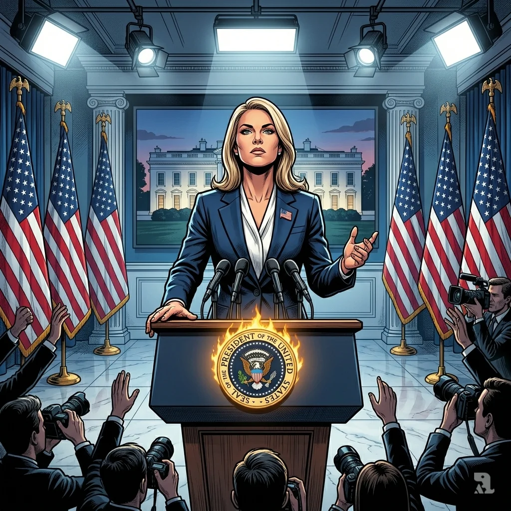 White House Press Secretary Karoline Leavitt speaks at the podium with a defiant expression as journalists gather in the briefing room.