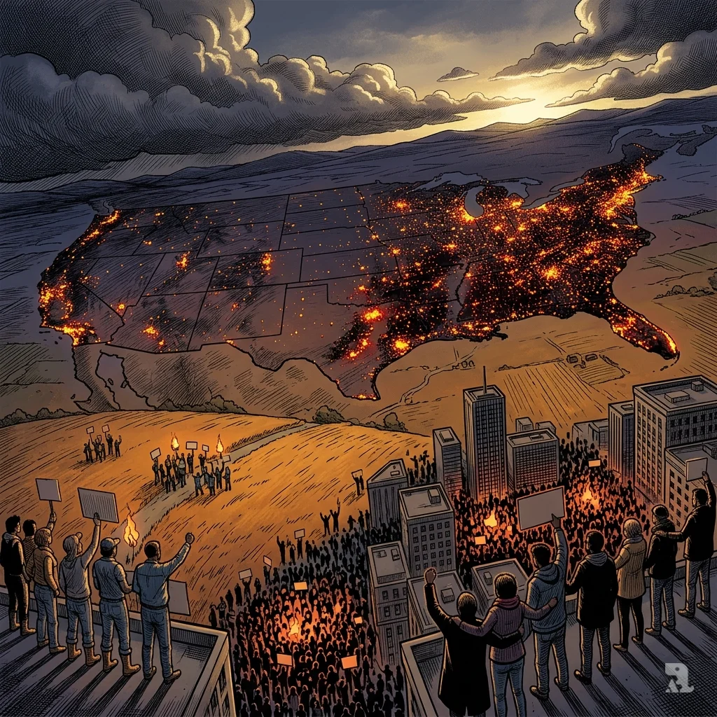 Aerial view of U.S. landscape with scattered protest crowds as glowing embers against darkening storm clouds.