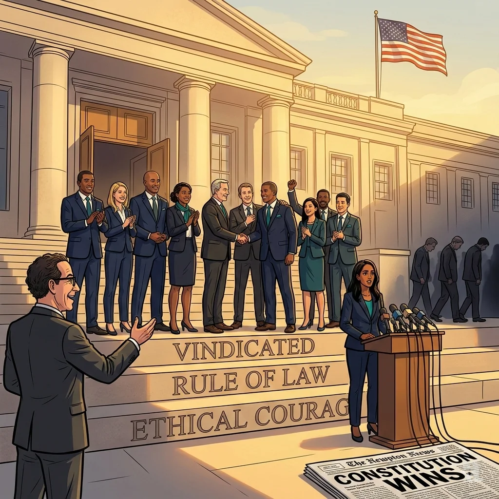 Victorious law firm teams celebrate on courthouse steps as Rep. Jamie Raskin gestures appreciatively, with "VINDICATED" and "RULE OF LAW" etched on stone.