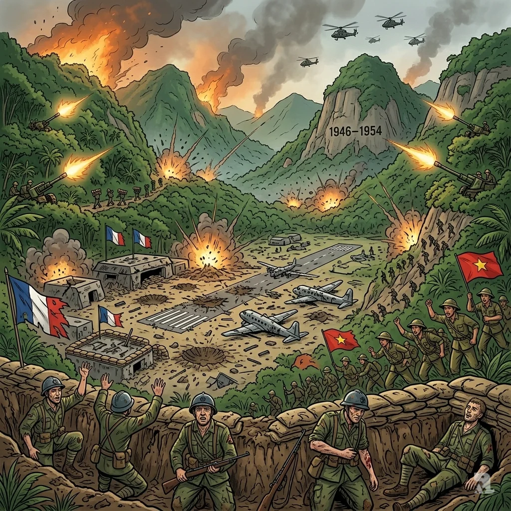 Sweeping valley view of 1954 Battle of Dien Bien Phu: battered French base with craters, wrecked planes, surrendering soldiers amid explosions; surrounding jungle mountains hide Viet Minh artillery and charging fighters, smoke-choked sky underscoring guerrilla encirclement victory.