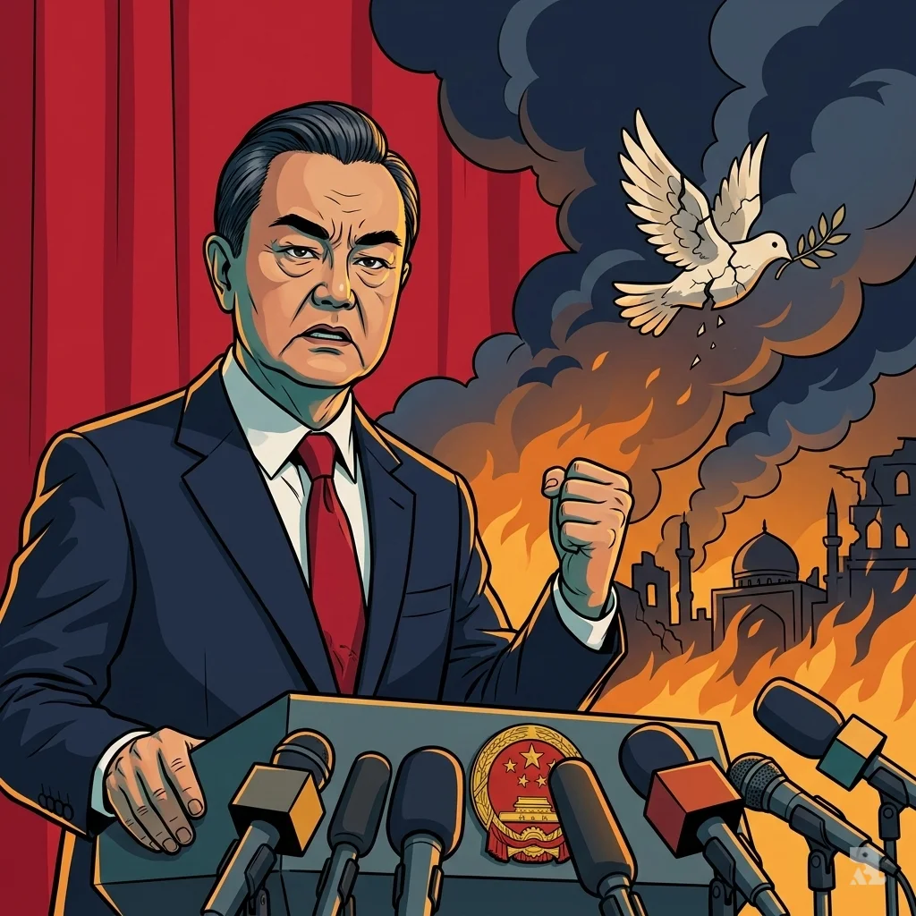 Low-angle of Wang Yi condemning U.S.-Israeli Iran strikes at podium, grave expression with clenched fist against red backdrop dissolving into fiery Middle East chaos smoke and broken peace symbols.