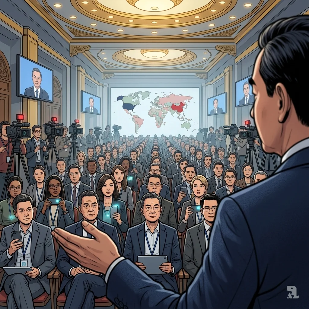Over-the-shoulder view from Wang Yi's podium showing diverse global journalists recording his multipolar world advocacy, glowing screens and world map projection highlighting inclusive U.S.-China relations amid tiered audience.