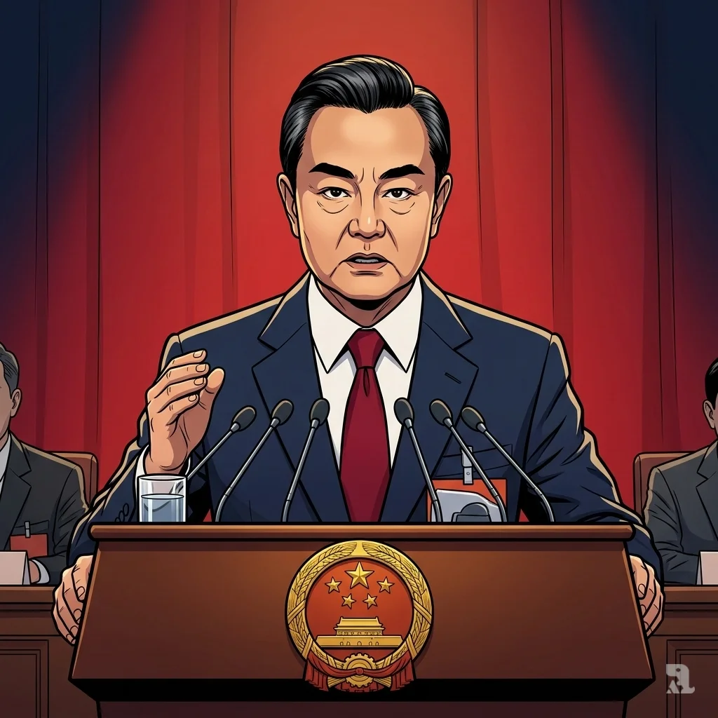 Close-up of Chinese Foreign Minister Wang Yi at Beijing podium rejecting G2 concept, hand raised emphatically against red curtain backdrop with national emblem, emphasizing multipolar world of 190 nations.