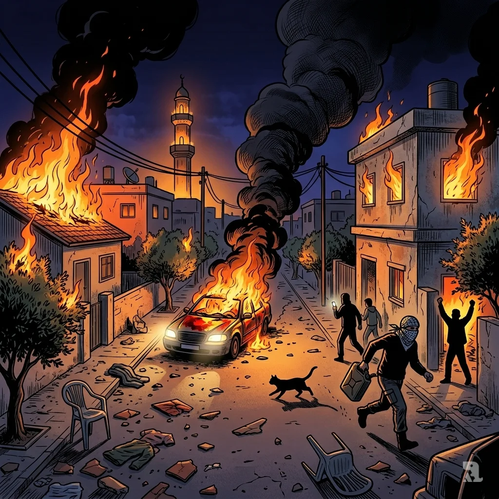 Night scene of multiple fires across a Palestinian neighborhood. Buildings and cars are burning, with silhouettes of settlers moving through the streets.