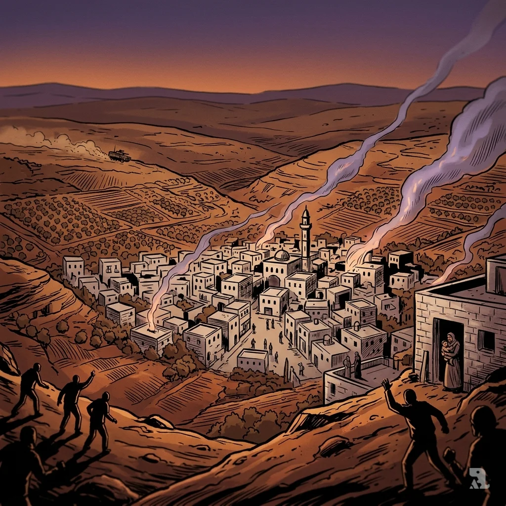 Aerial view of West Bank hills at dusk. A Palestinian town sits in a valley below, with smoke rising and distant figures on a hilltop.