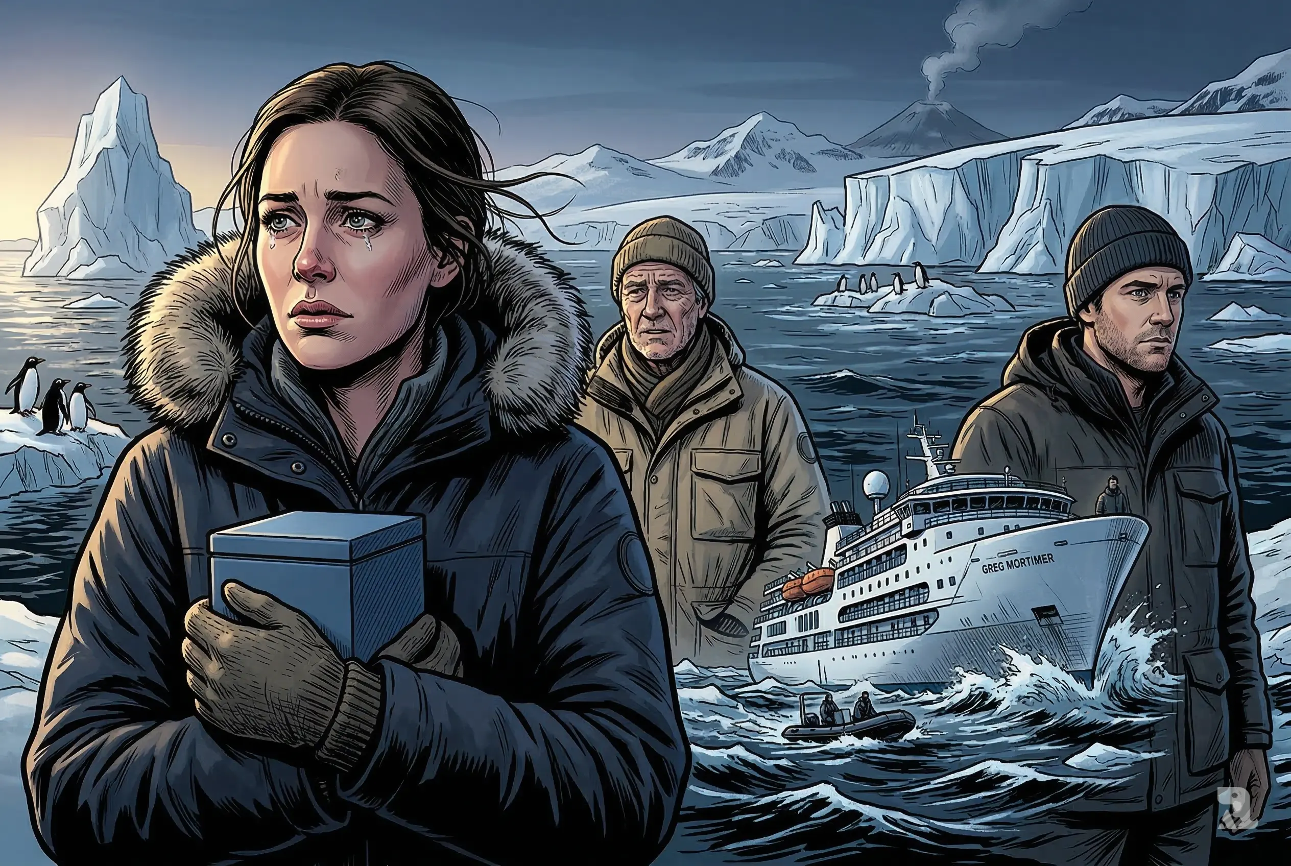 Grieving woman holding mother’s ashes in Antarctic setting with family behind her, expedition ship and icy ocean in background, conveying emotional farewell journey.