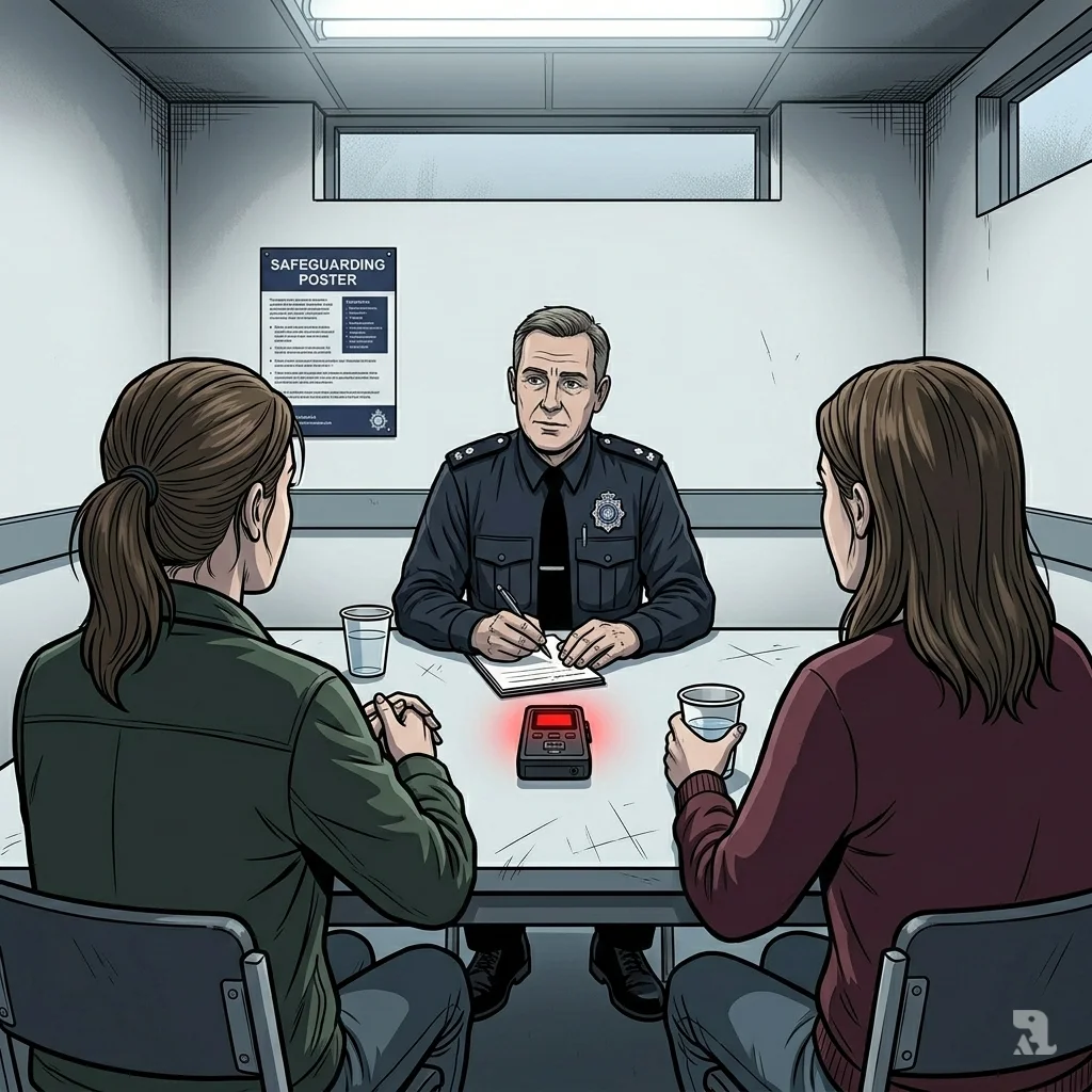 Two young women sit across a table from a police officer in an interview room. A recording device's red light glows, capturing their formal report of the abuse.