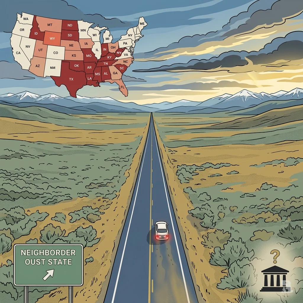 Aerial view of Wyoming highway with solitary car, landscape, and map overlay showing national abortion restrictions and uncertain future.