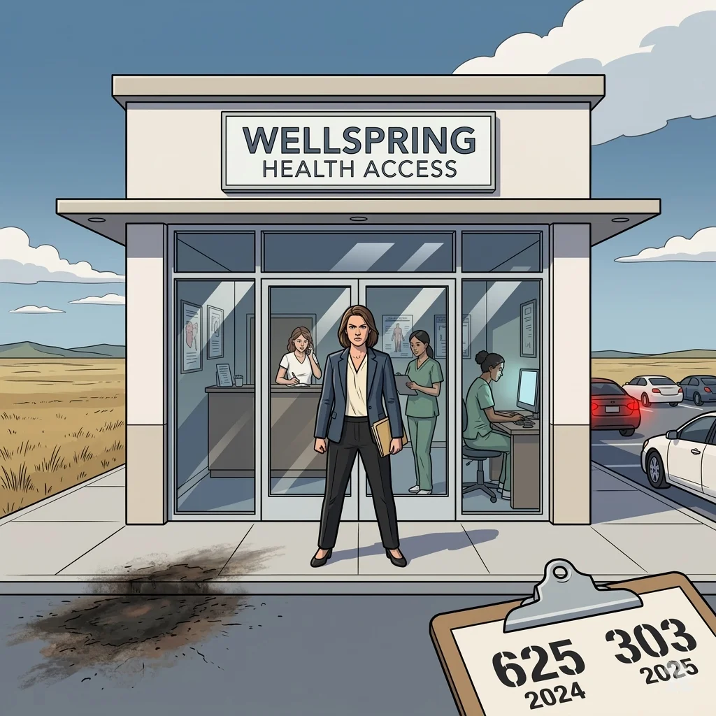 Wellspring Health Access clinic exterior with Julie Burkhart at entrance, staff inside referring patients, and arson mark visible.