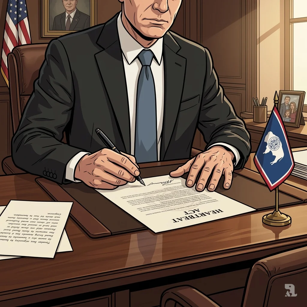 Governor Mark Gordon signing 6-week abortion ban document at desk with pen, state flag, and visible heartbeat act text.