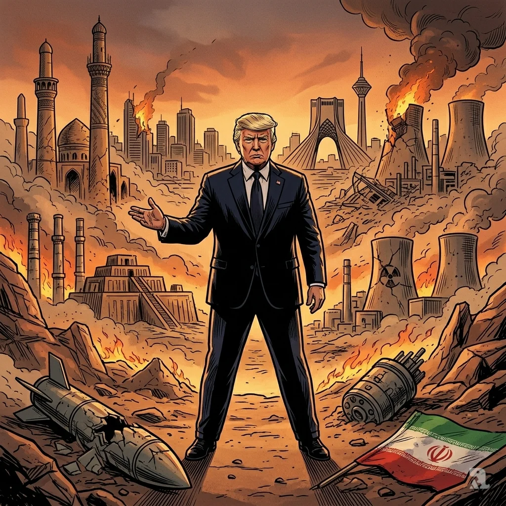 Donald Trump stands before a destroyed Iranian landscape with crumbling towers and a shattered nuclear facility.