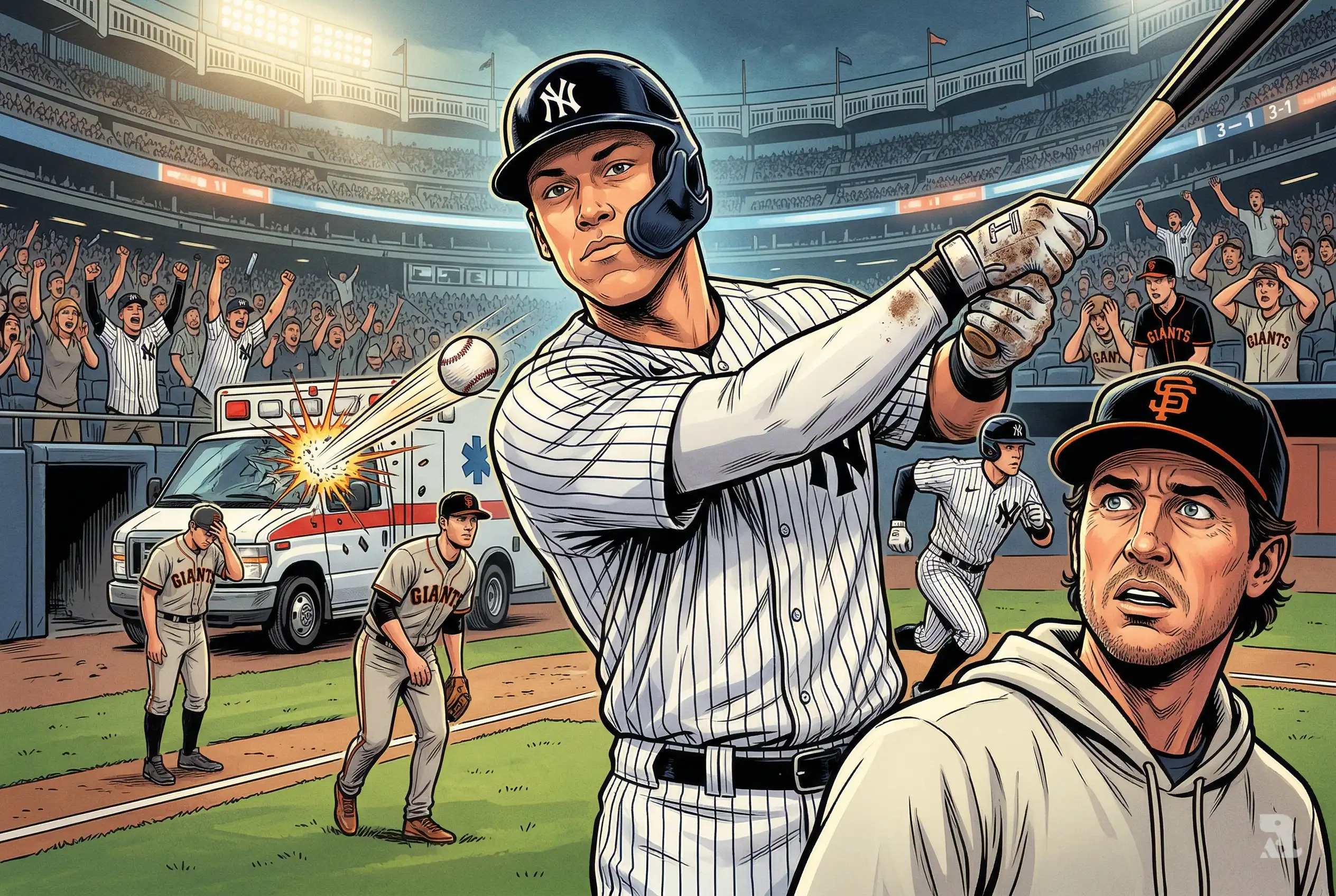 Aaron Judge celebrates powerful home run as Giants manager Tony Vitello looks stunned, with dramatic stadium action and crowd reactions highlighting Yankees’ dominant sweep victory.