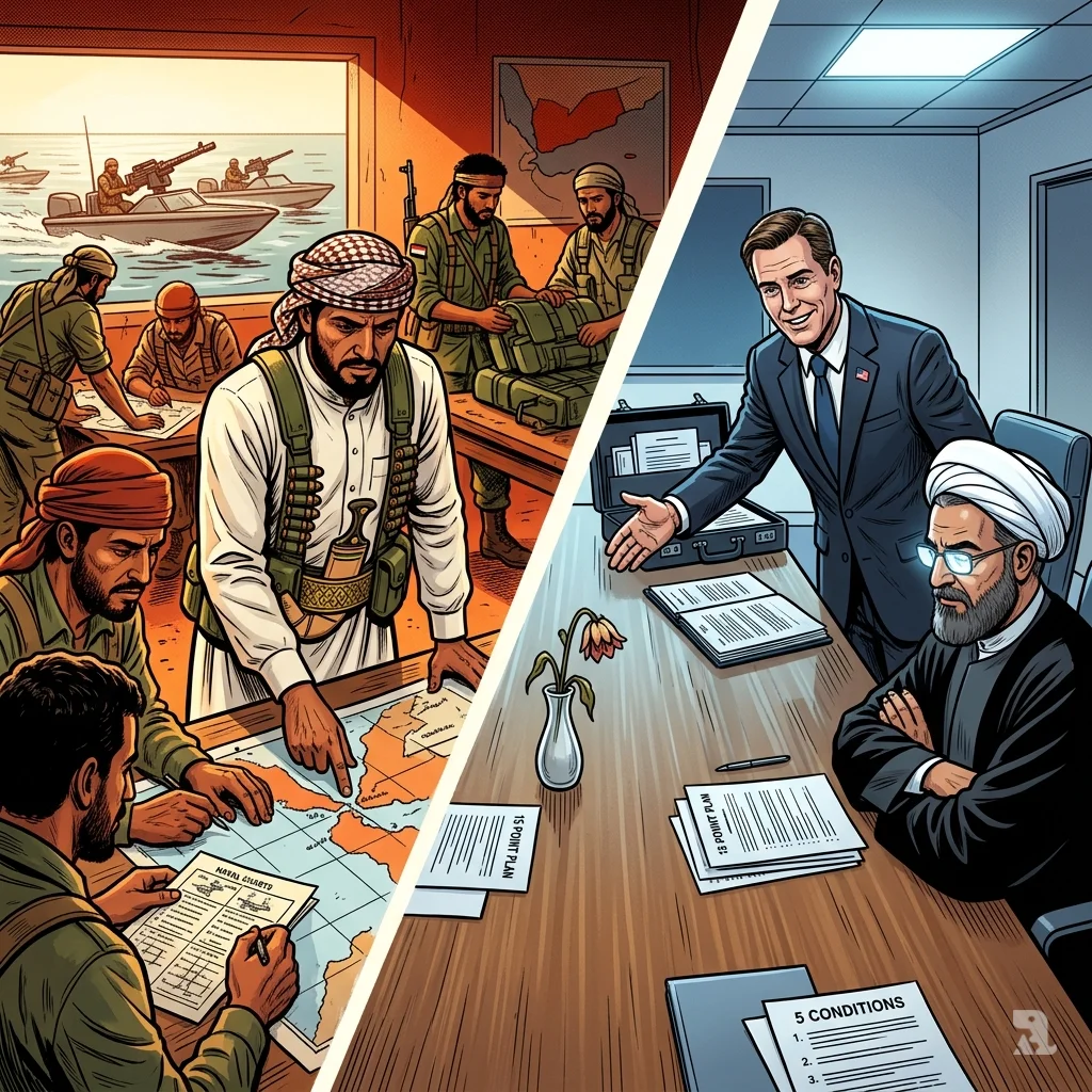 Split scene showing Houthi fighters studying naval charts and a diplomatic meeting between US and Iranian officials.