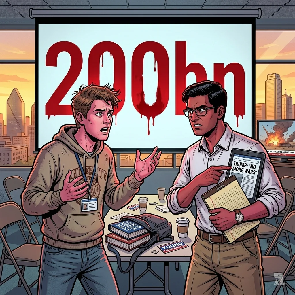 Toby and Shashank stand before a projection displaying "200bn" in red. A tablet shows a past Trump quote, contrasting with a window reflecting war footage.