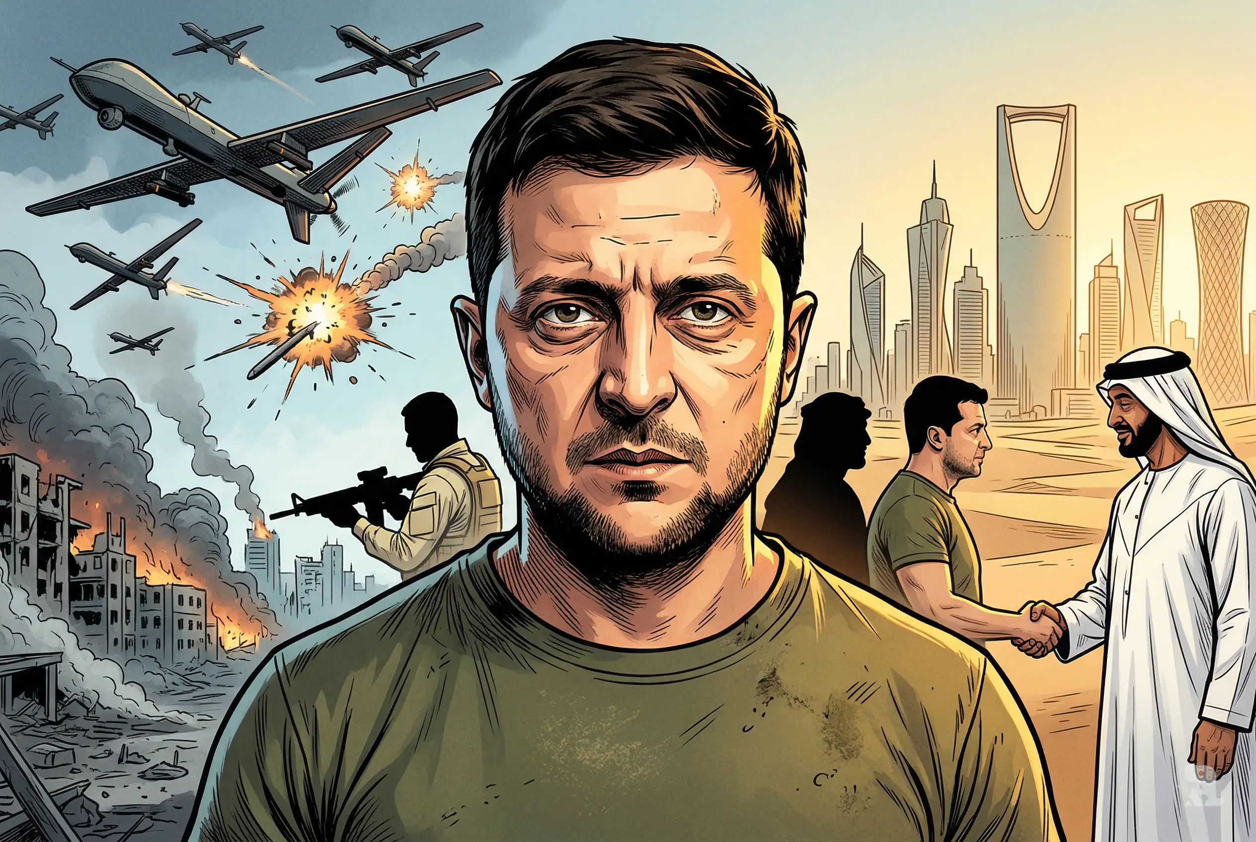 Zelenskyy in foreground with drones intercepted over war-torn Ukraine while Gulf leaders meet, symbolizing Ukraine turning battlefield expertise into strategic alliances.
