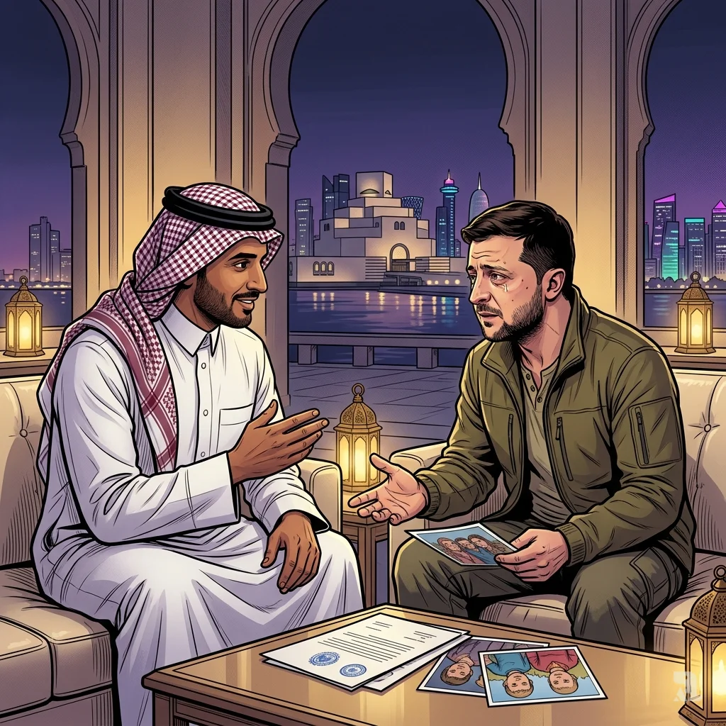 A weary President Zelenskyy shows a photograph to a Qatari mediator during an intimate humanitarian discussion in Doha.