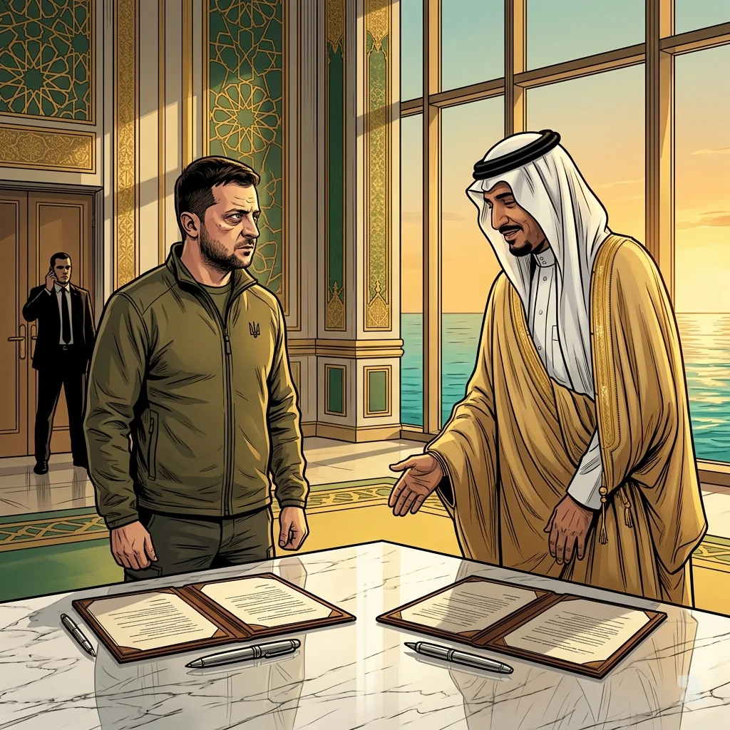 President Zelenskyy and a Saudi official sign a diplomatic agreement at a formal table in Jeddah, with the Red Sea visible behind them.