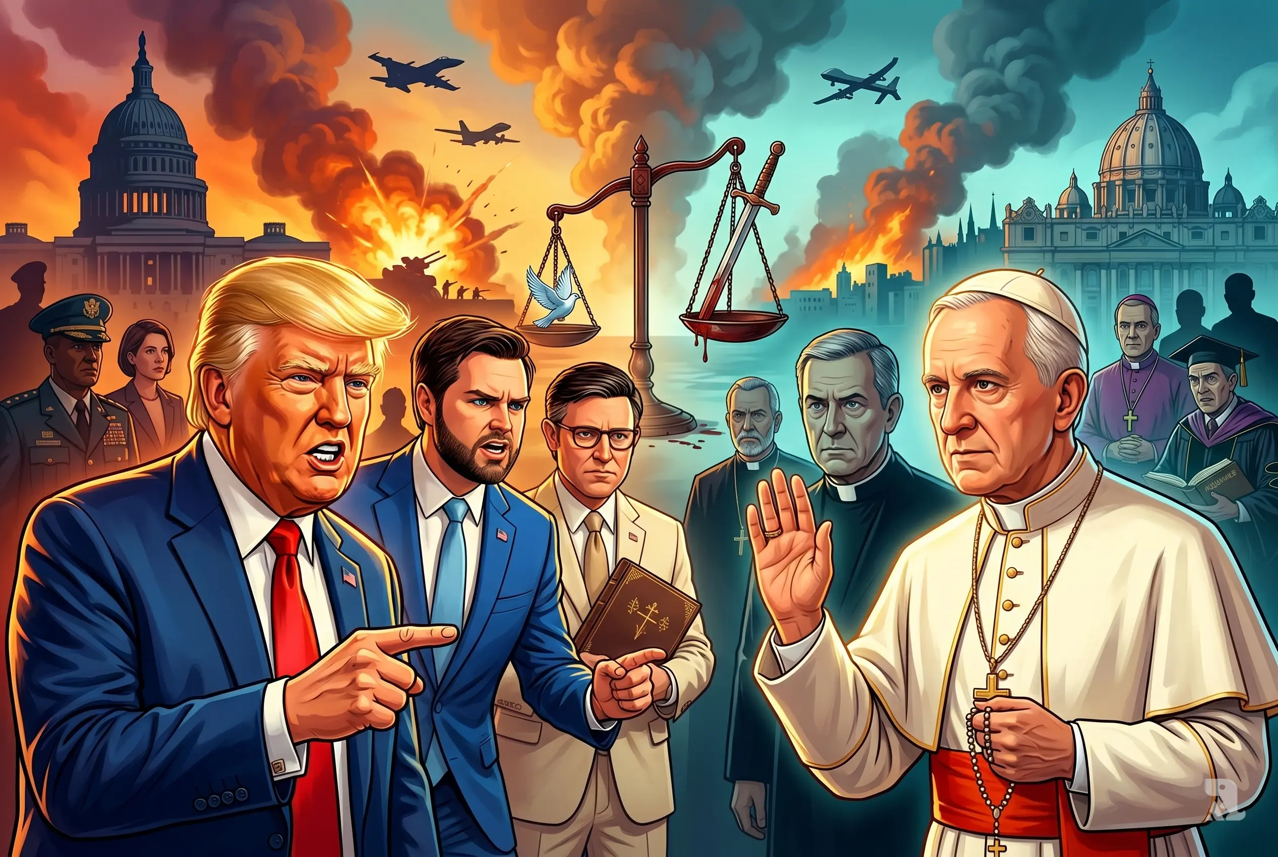 Trump, Vance, and Johnson confront Pope Leo XIV in a tense political-religious clash, with war explosions, Vatican and Capitol backdrops symbolizing ideological conflict over war.