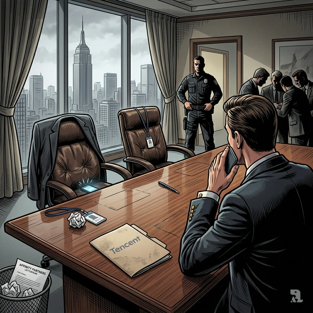 Empty leather chairs in Affinity Partners boardroom with suit jacket left behind, executives huddle in shadows, Tencent folder visible.