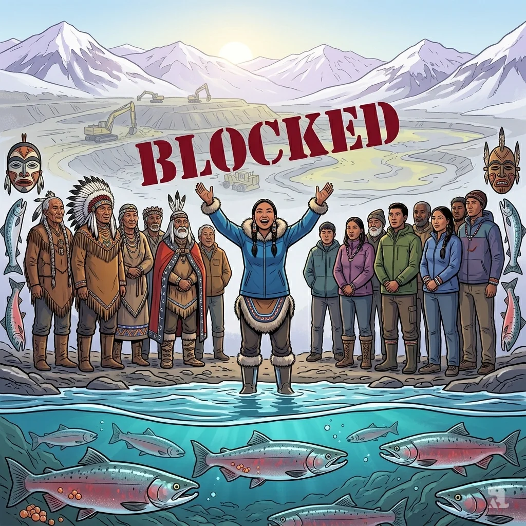 Alannah Acaq Hurley and tribal representatives celebrate protection of Bristol Bay salmon habitat from blocked mine.