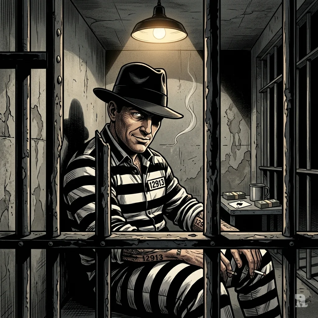 A 1930s gangster in striped prison uniform stands behind iron bars inside Alcatraz cell block.