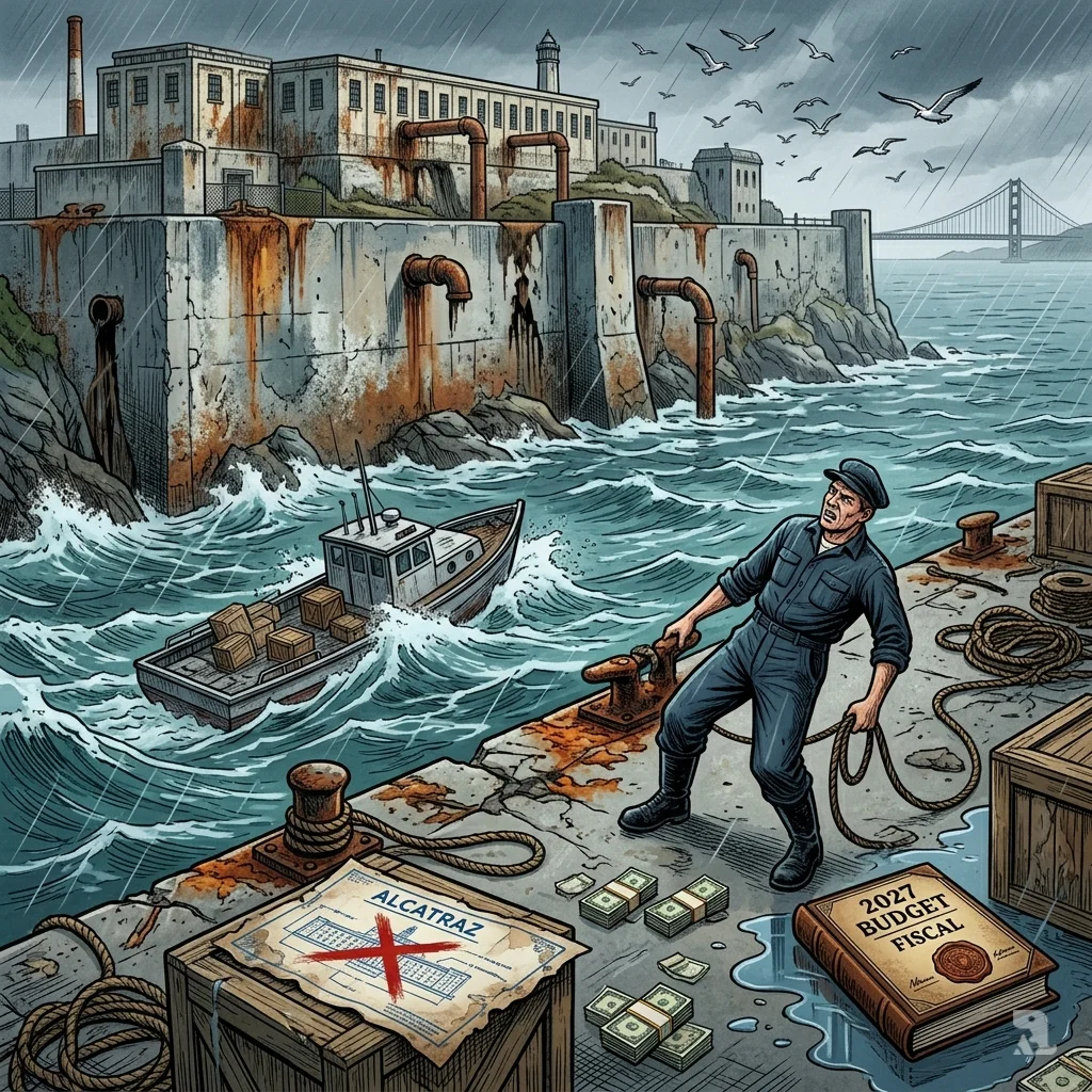 A small supply boat struggles in rough waters near decaying Alcatraz prison walls and sewage stains.