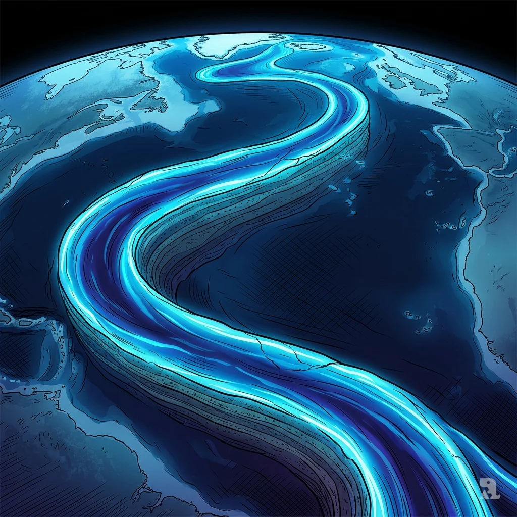 Aerial view of the Atlantic Ocean's massive blue conveyor current glowing like a planetary vascular system.