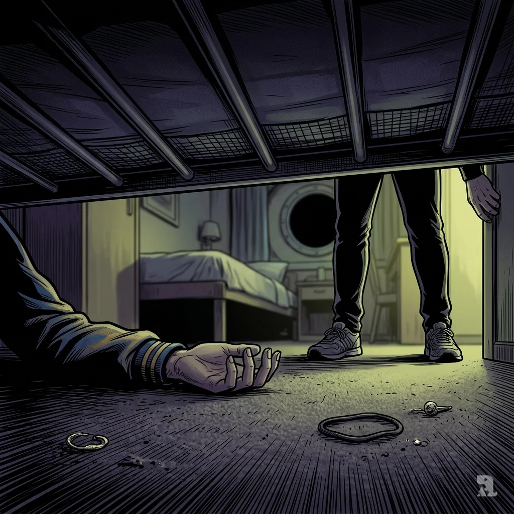 Under-bed view reveals Anna Kepner’s still hand in a cheer jacket sleeve, a dropped hair tie, and a frozen figure in the cabin.