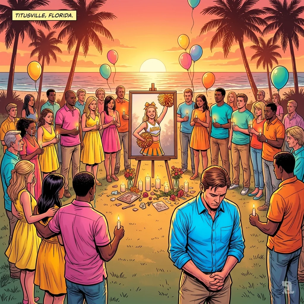 Outdoor memorial at sunset, Anna Kepner’s photo on easel, her father in bright blue shirt, mourners in vivid colors release balloons.